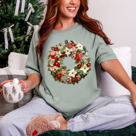 Faux Embroidered Wreath Tee